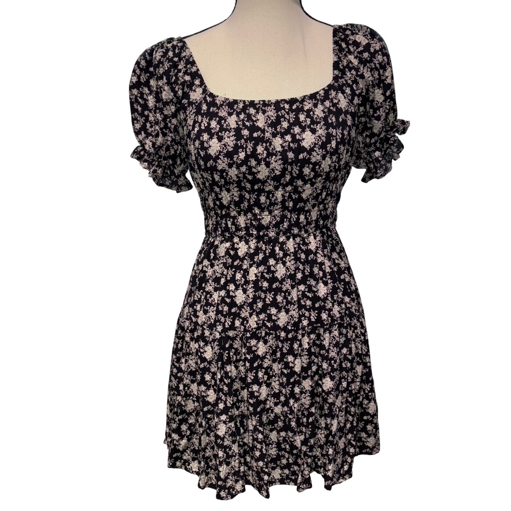 Floral Smocked Puff Sleeve Cottagecore Dress Womens XS Black Altar'd State
